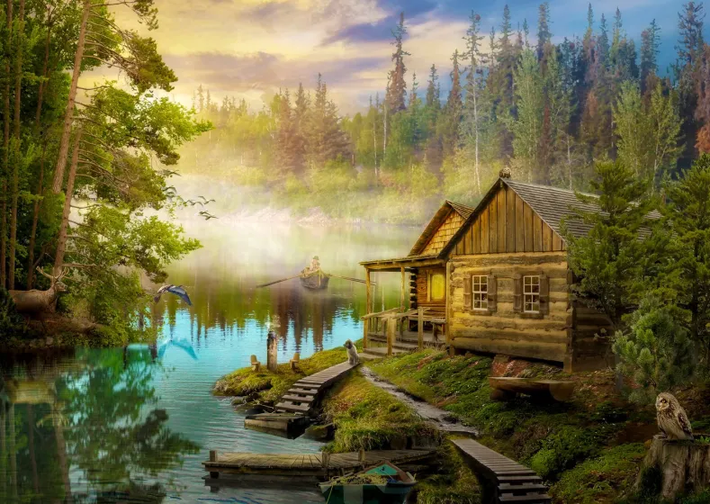 A Log Cabin on the River Puzzel (1000 stukjes)