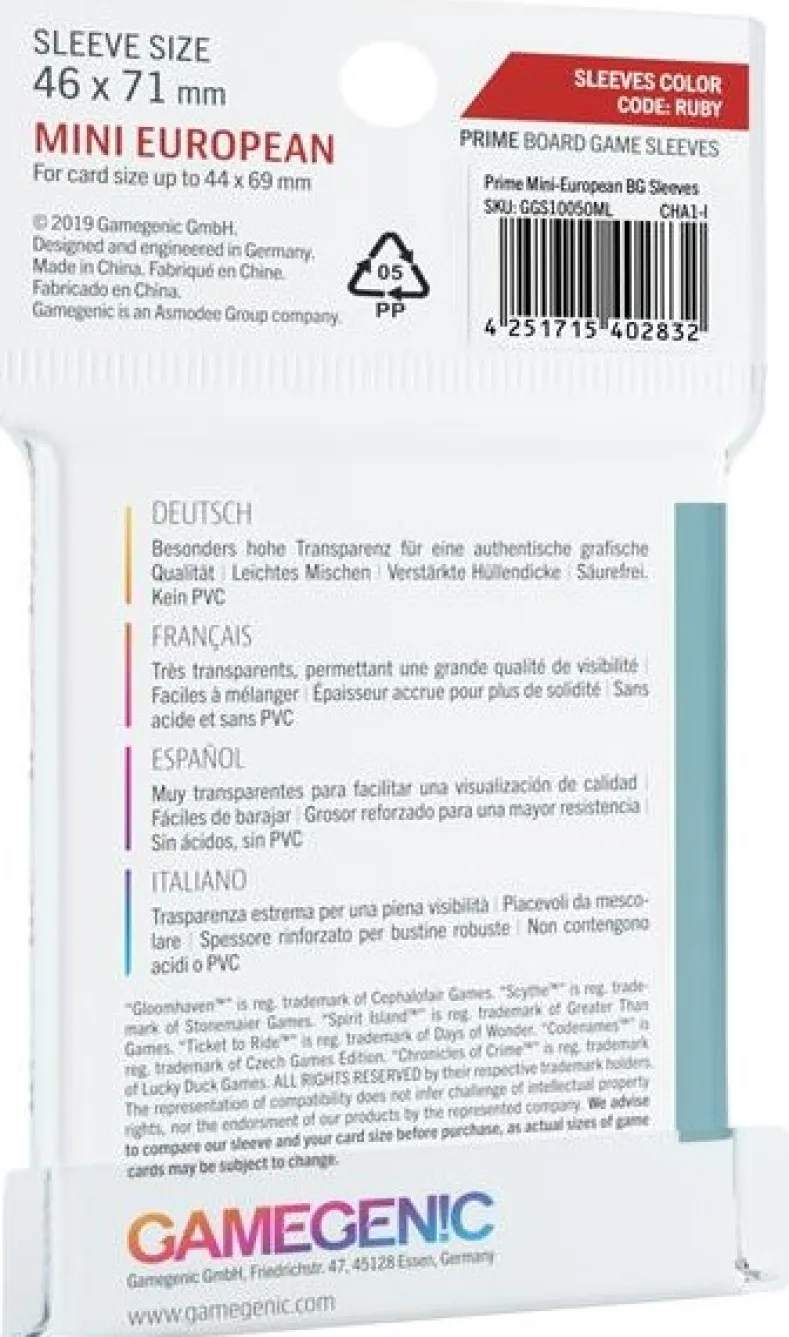 Sleeves Prime Mini European-Sized 46x71mm (50 stuks)